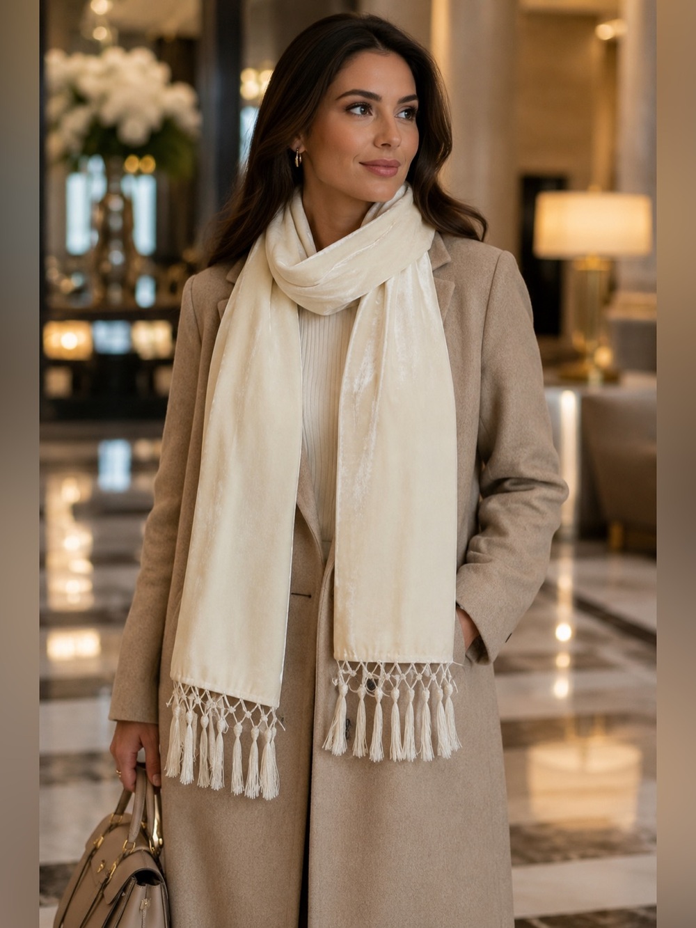 Lord & Taylor Ivory Silk Velvet Fringe Tassel Scarf Wrap Shawl 60" Luxury